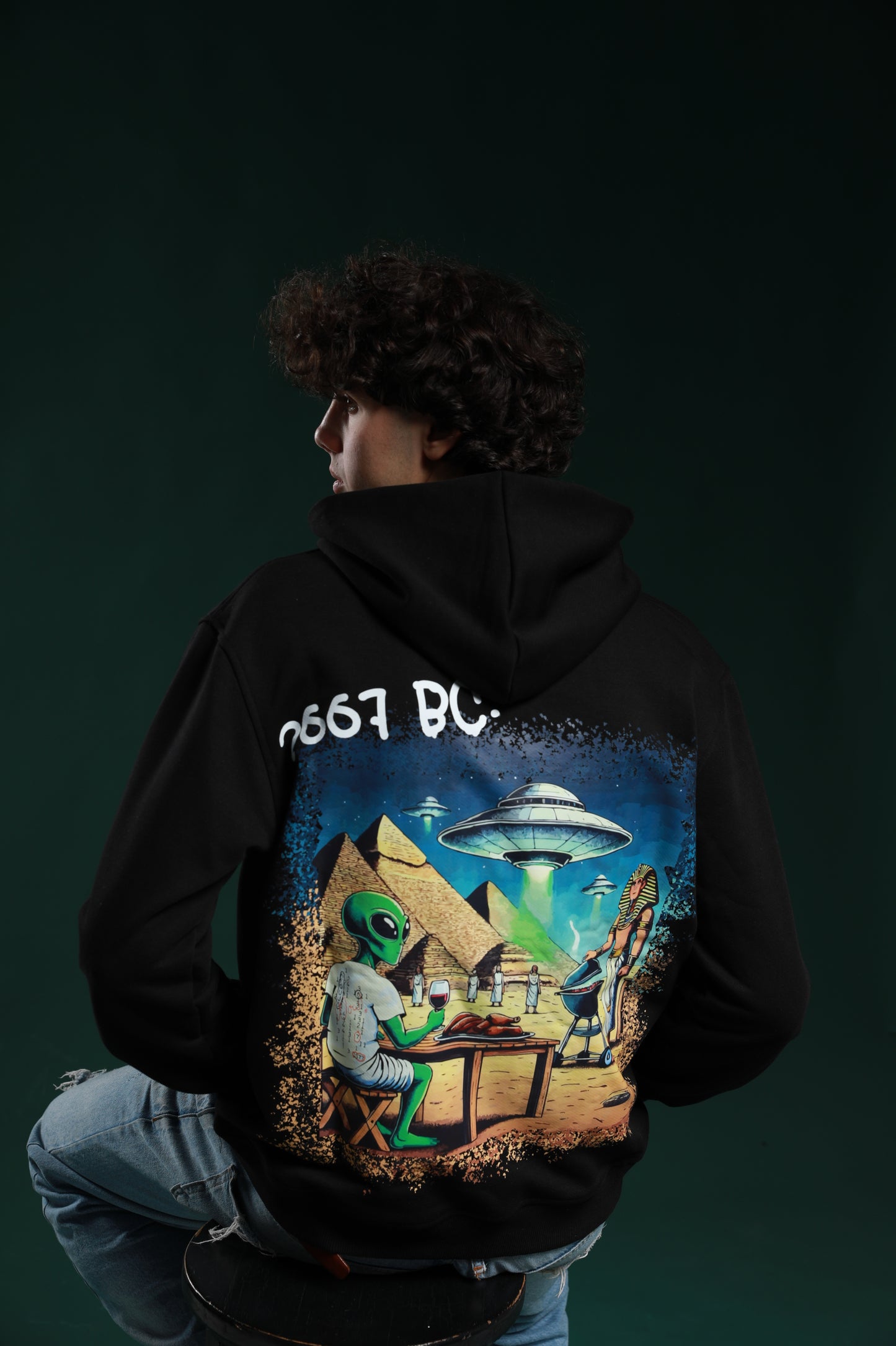 "Alien" limited embroidery-logo cotton hoodie